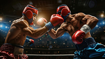 Two athletic and muscular body boxers with safety helmet or boxing head guard face off in fierce boxing match. Boxing fighter competitor fighting in the boxing ring. Impetus