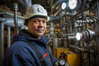 © aicandy - A seasoned boiler operator, with years of experience etched on his face, attentively monitoring the pressure gauges in the heart of an industrial plant