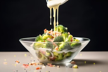 Wall Mural - drizzle of mayonnaise over broccoli raisin salad in glass bowl