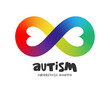 Infinity sign with two hearts in rainbow colors. Autism Awareness Month. Richness of the autistic spectrum.