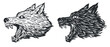 © vvvisual - Angry wolf or dog head in hand draw vintage style. Monochrome illustration for tattoo, mascot, emblem. Vector illustration.