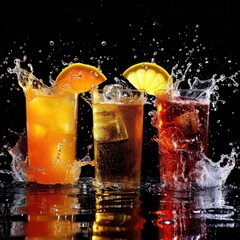 Wall Mural - Soft drinks, water and splashes on black background