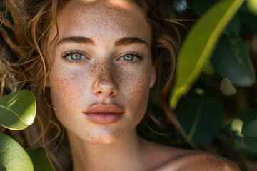 close up of young caucasian woman in nature with freckles and pale skin blue eyes in magazine editor