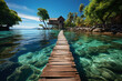 A long wooden dock in the middle of a body of water in exotic island.
