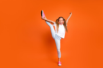 Poster - Full length portrait of overjoyed sporty girl hand hold stretch leg empty space isolated on orange color background