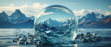 Glass Ball On Water On The Background Of Mountains. Splashes Of Water. Ecology, Water, Nature Conservation. Earth Day, Water Day. Resources
