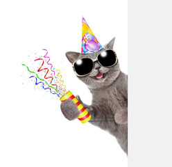 Aufkleber - Happy cat wearing sunglasses and party cap holds exploding firecracker and looks from behind empty white banner. Isolated on white background