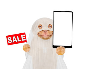 Aufkleber - Mastiff puppy celebrating halloween in ghost costume and holding big smartphone with white blank screen in it paw and showing signboard with labeled 