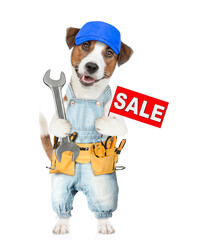 Poster - Funny puppy wearing blue cap and denim overalls with tool belt holds wrench shows signboard with labeled 