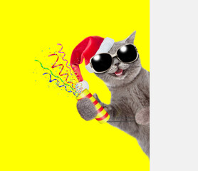 Aufkleber - Happy cat wearing sunglasses and red santa hat holds exploding firecracker and looks from behind empty white banner. Isolated on yellow background