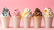 Ice cream in a cone, summer assorted on the pink background.