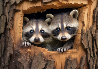 Wall Mural - Two raccoon looking through a hole in one tree, in the style of quadratura, nul group, group material

