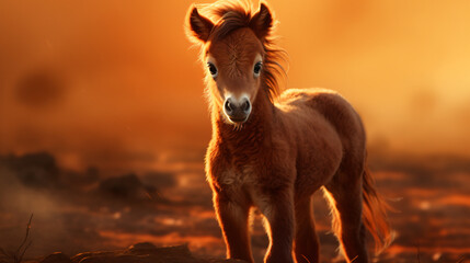 Wall Mural - Pony foal , in the style of golden light, realistic portrayal, wimmelbilder, dark orange, high quality photo, desertwave, cute and colorful

