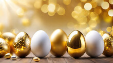 Easter Golden Eggs Stand In A Row On Blurred Gold Light Bokeh Background.Minimal Festive Concept, Happy Easter Greeting Card With Copy Space For Text.Selective Focus.Generative AI.