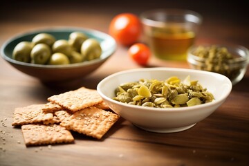 Wall Mural - seed crackers beside a bowl of green olives, dark wood