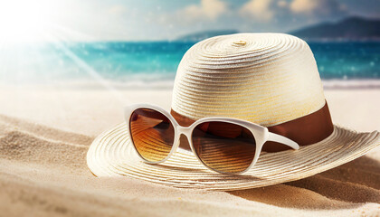 Wall Mural - Closeup of a straw hat and sunglasses on a sandy tropical beach, in the background the sea on a sunny summer day. Beach holiday concept. Generative Ai.