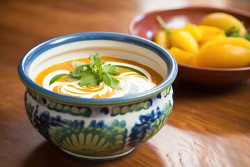 Sticker - tomato basil soup with a swirl of cream, served in a terracotta bowl