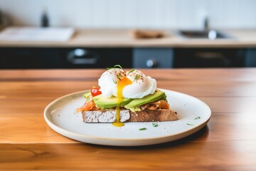 Wall Mural - sourdough toast with avocado and a poached egg on top