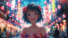 Anime Illustration Cute Pretty Girl In Business District Nightlight Glow From Behind, Generative Ai