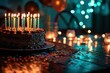 Bougies et gâteau d'anniversaire sur une table dans une pièce sombre avec des confettis colorés