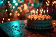 Bougies et gâteau d'anniversaire sur une table dans une pièce sombre avec des confettis colorés