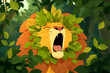 leão bocejando na floresta com plantas verdes - Ilustração infantil fofa 2d
