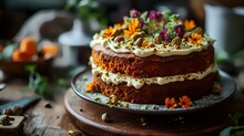 Chocolate Cake With Marigold Flowers And Pistachios, Selective Focus