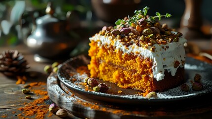 Sticker - Pumpkin cake with whipped cream and pistachios, selective focus