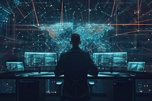 Digital Guardian. Professional Cybersecurity Specialist Monitoring Dark Room With Computer Servers Ensuring Security And Integrity Of Information In Futuristic Technological Facility
