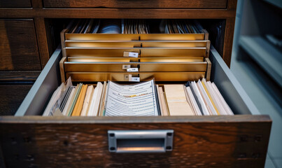 Poster - Close-up View of Open File Cabinet Drawers Filled with Labeled Documents, Depicting Organization, Storage, and Information Management