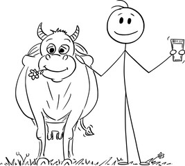 Sticker - Person or Farmer with Happy Cow and Milk, Vector Cartoon Stick Figure Illustration