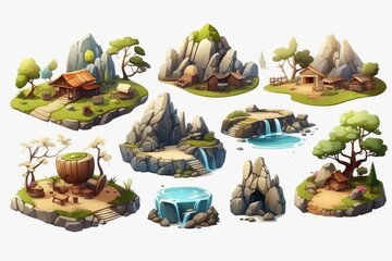 Set of isolated buildings, trees, stones, rocks, plants, island, flying land and natural elements on white background