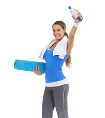 Poster - Yoga mat, water bottle and portrait of woman in studio for exercise, training or workout. Happy, fitness and young female person with hydration drink for sports isolated by white background.