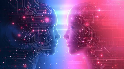 Wall Mural - Big data, artificial intelligence, machine learning in online face-to-face marketing concept in form of two woman face