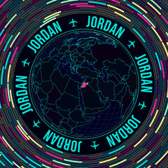 Poster - Jordan on globe. Satellite view of the world centered on Jordan. Bright neon style. Futuristic radial bricks background. Awesome vector illustration.