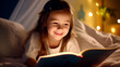 happy girl reading a book while her face lights up