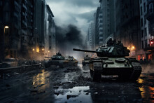 Dramatic Urban Scene With Tanks And Soldiers In A Misty, War-torn Cityscape, Evoking A Tense, Cinematic Atmosphere