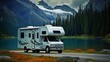 RV recreational vehicle on the edge of a cool natural lake with rocky snowy mountain background.