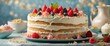 cake with candles and flowers, Homemade cake with cream and berries on a blue background. Selective focus.