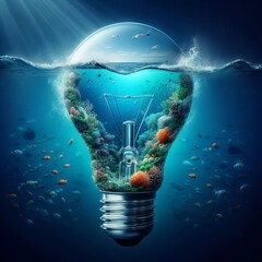 Wall Mural - An underwater scene with a lightbulb containing a coral reef. Fish are swimming around the lightbulb and the background is a deep blue.
