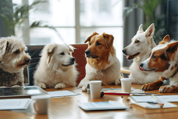 Wall Mural - Funny dogs with teamwork meeting. Business dogs in office workplace.