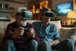 Stylish modern grandfather and grandson playing together exciting interesting video games using virtual reality headsets and gamepads 