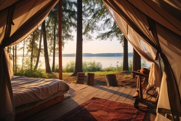 Wall Mural - Scenic summer camping in the middle of nature with a tent, hammock and serene lake views.
