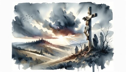 Wall Mural - The Crucifixion. Passion. Good Friday. New Testament. Watercolor Biblical Illustration	