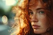 Capturing the raw beauty of a freckled redhead, this outdoor portrait reveals the intricacies of a woman's face, from the delicate curve of her lip to the intensity in her piercing brown eyes