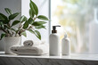 Cosmetic product mockups on bathroom countertop, bathroom decor with plants, towels, natural lighting