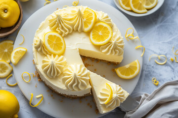 Wall Mural - Lemon biscuit dessert decorated coconut flake Delicate cake with white cream cheese. Piece of Homemade lemon pie cake on a wooden table with yellow ripe lemons and background, closeup