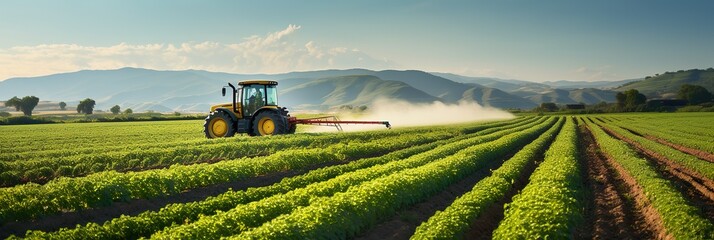 Farming agriculture tractor spraying plants in a field