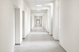 Fototapeta Koty - empty hallway, very long corridor with many doors for rooms of hospital, hotel, school or laboratory, building with many office, campus for medical and scientific experiments, research, or teaching