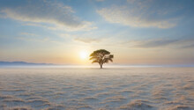A Lone Tree Stands In The Middle Of A Plain With Grass Covered In Frost. The Morning Sun Illuminates The Valley With Golden Rays.